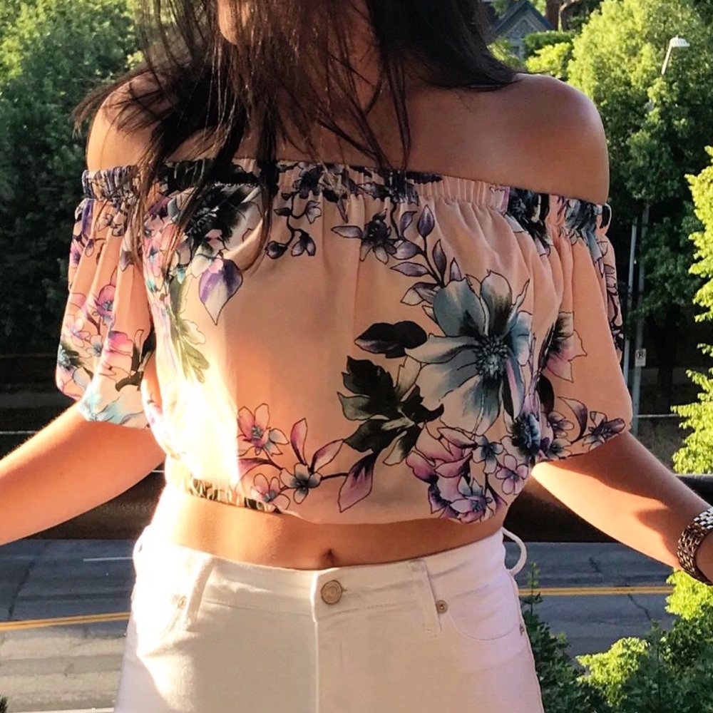 Dusty Pink Floral Off The Shoulder Crop Top